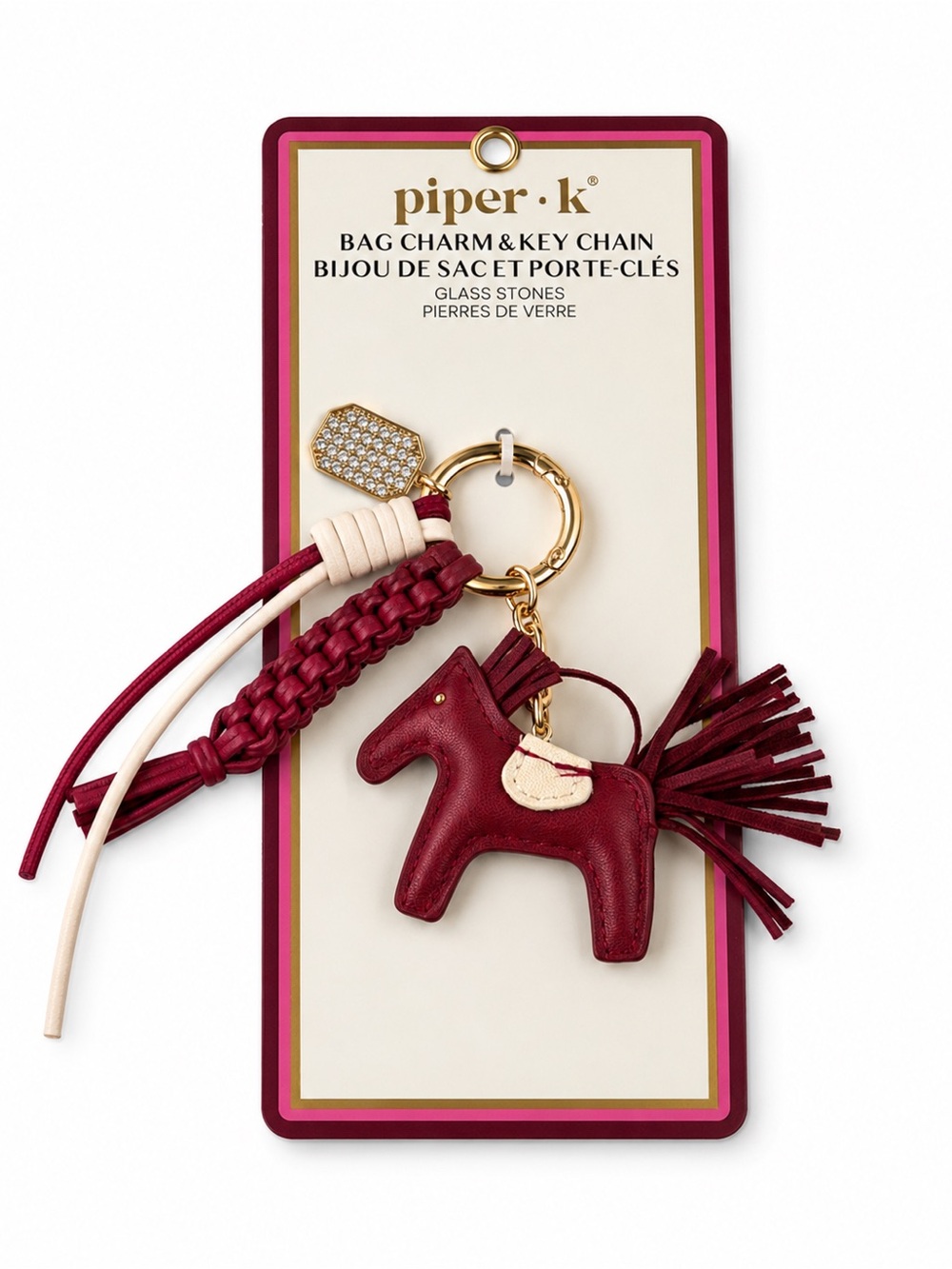 piper·k Burgundy & Cream Horse Tassel Bag Charm Key Chain